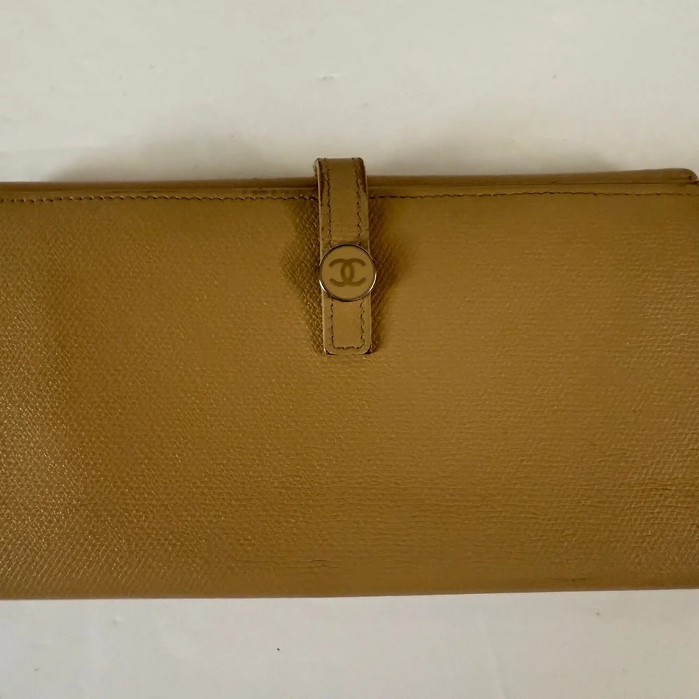 CHANEL Long Wallet Double Sided Snap‎ Button Beige Leather Authentic